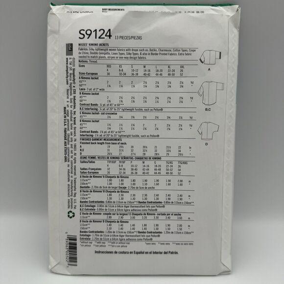 Simplicity S9124 Sewing Pattern Misses’ Kimono Jackets Size XXS-XXL, 4-26 UNCUT - Picture 2 of 3